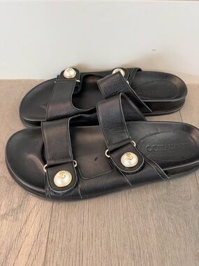 Jimmy Choo Fayence Black Leather Slide Sandals with Pearl-Button Detail